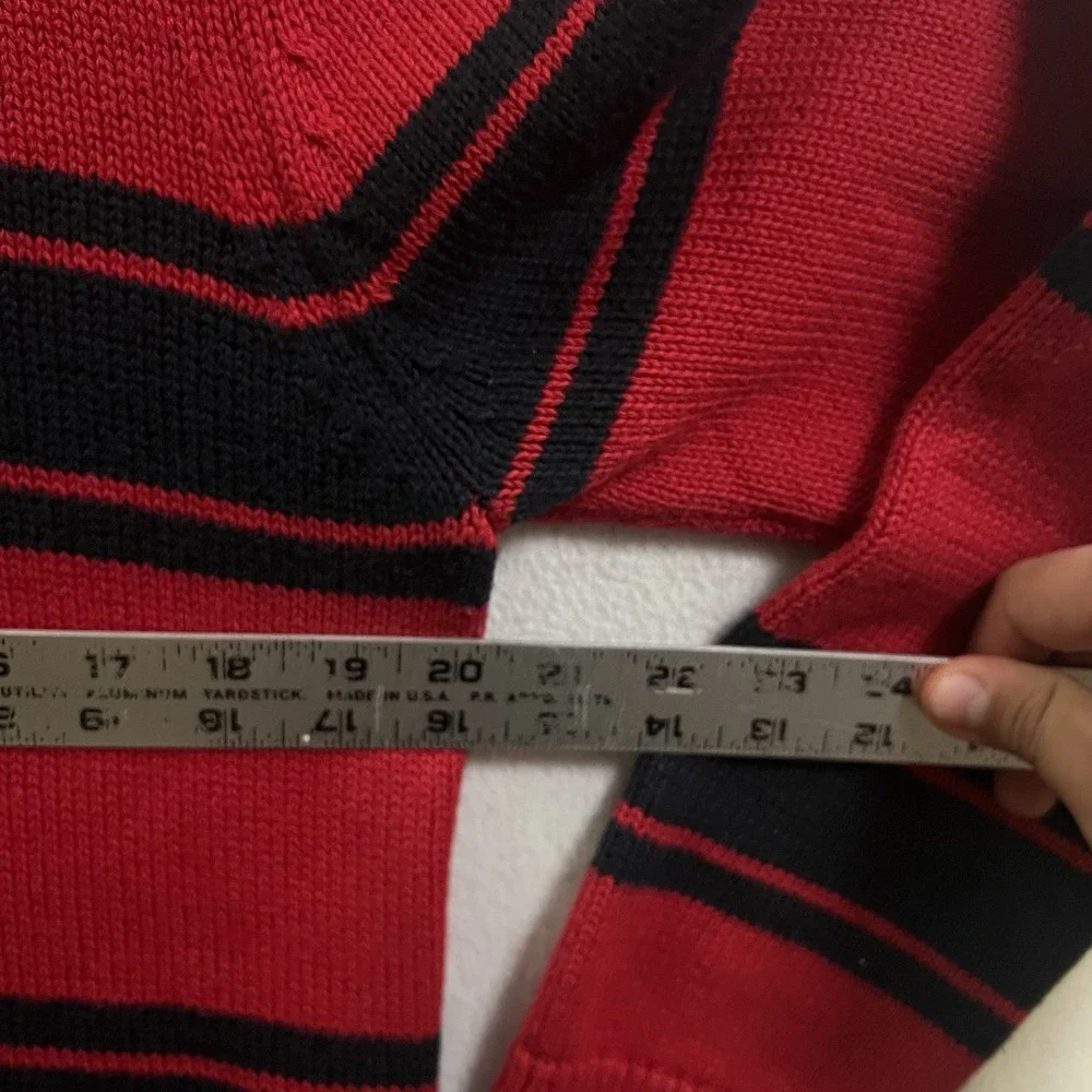Chaps Sweater Men's Medium Red Black Striped Cotton Knit Pullover Heavyweight